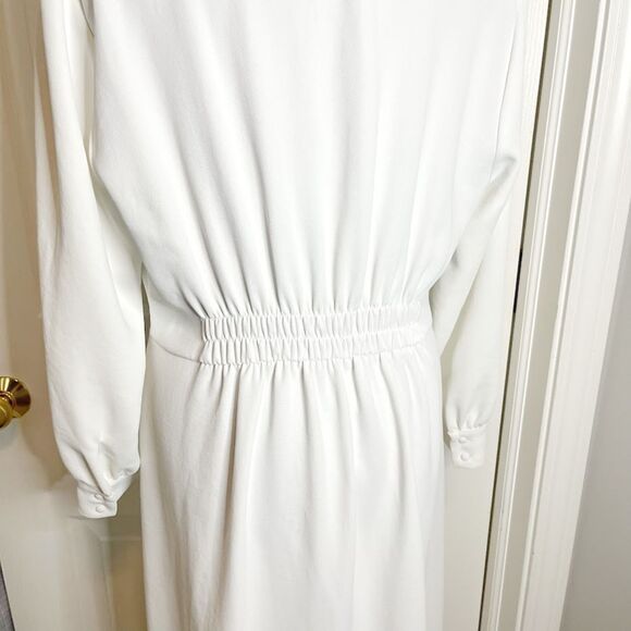Zara Midi V Neck Button Down Front Smocked Polyester Textured Long Sleeve Dress - Picture 11 of 15